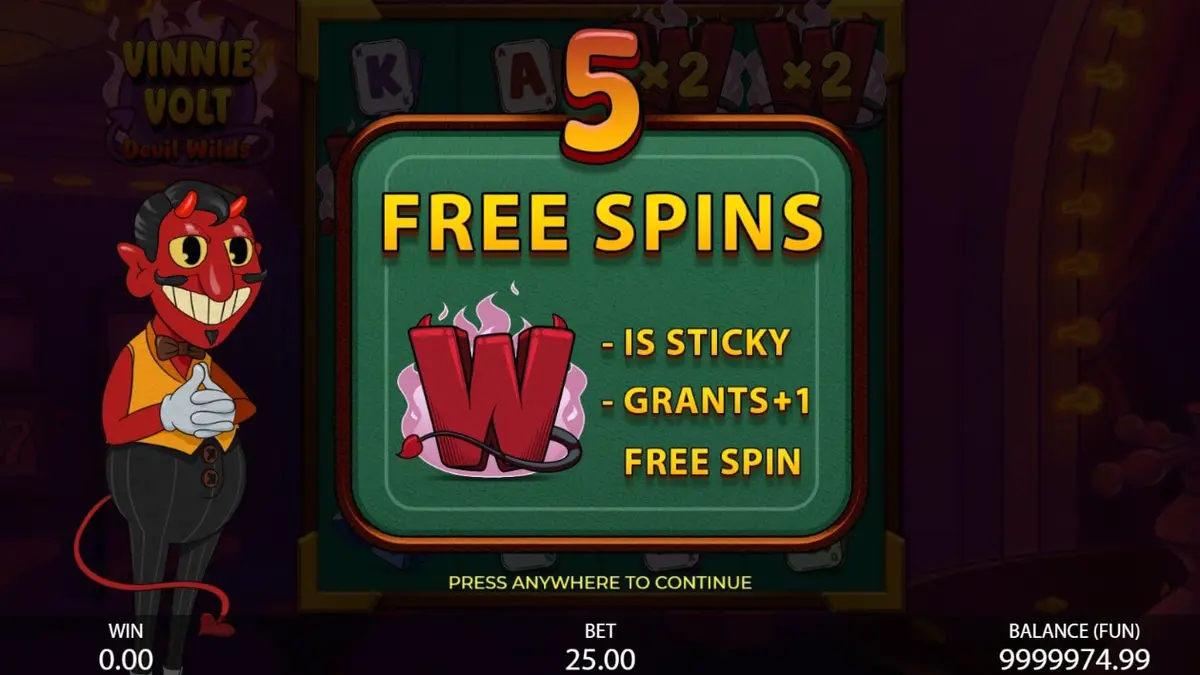 Vinnie Volt: Devil Wilds slot machine interface featuring a cartoon devil
