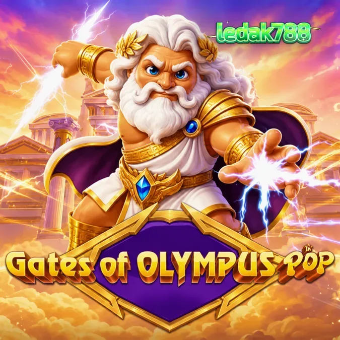 Tampilan layar permainan slot Gates of Olympus POP dengan simbol Zeus dan grid 3x5